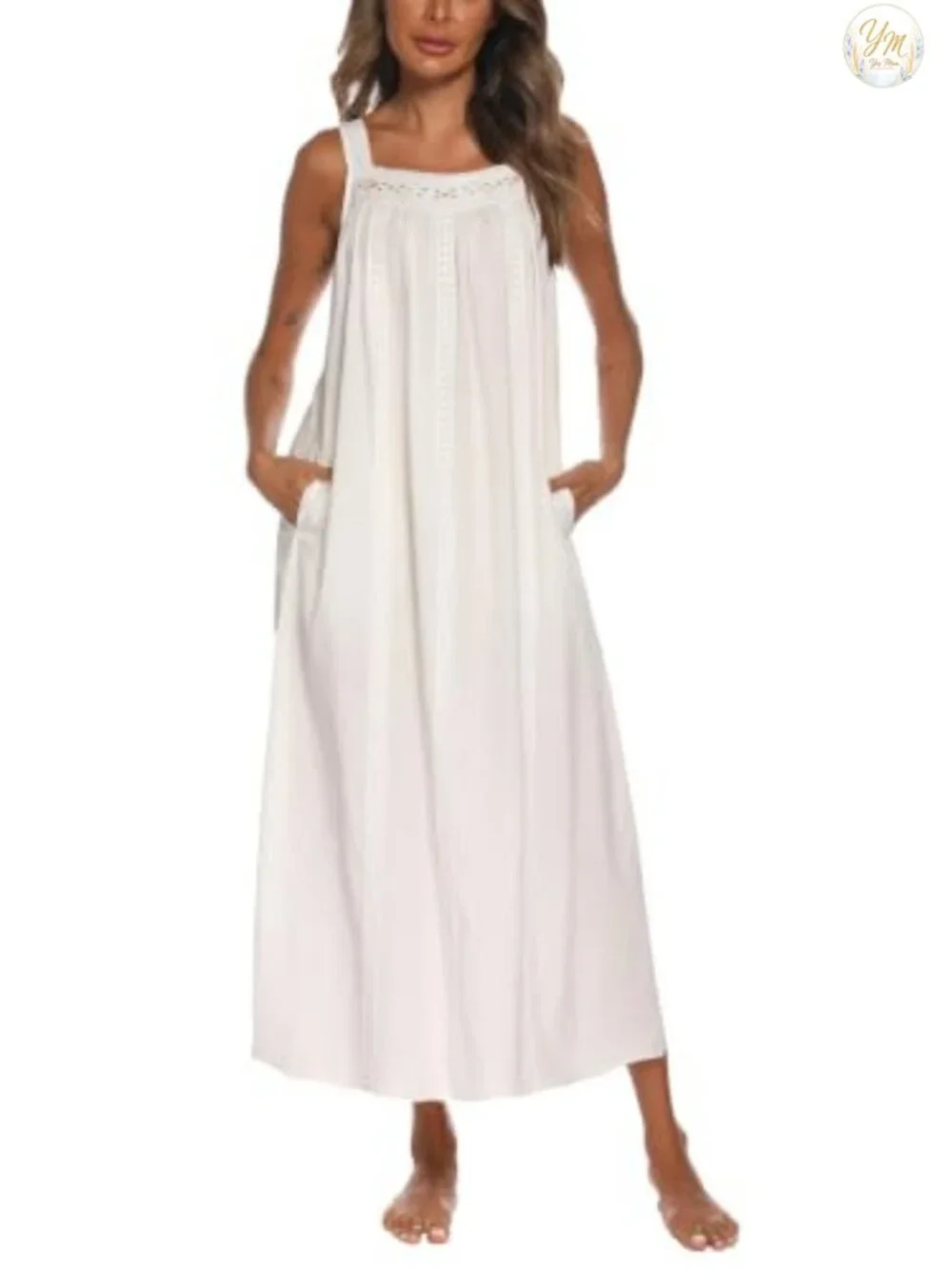 100% Cotton Sleeveless Nightgown with Pockets Embroidery